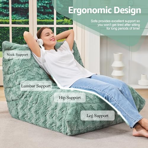 Image of Hobestluk Adults Bean Bag Chair Faux Fur BeanBag Couch for Living Room | Green Chevron,Ergonomic Design,Memory Foam,UltraSoft,Anti-slip Bottom,No Assembly Required,Decorative Style for Living Room