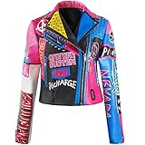 DARKSHE Women's Faux Leather PU Jacket, Graffiti Studded Rivet Punk Biker Moto Fashion Coat with Lon