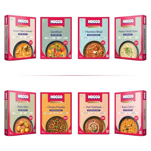Comparison: Best Microwave Indian Food 9 HOCCO | Ready to Eat Authentic Indian Meal Kit | Ready in 5 Mins | Vegetarian food | Sabji | Paneer | South Indian | No Preservatives | Preservative free | Travel Meal | Quick Healthy Meal | No Added flavors, Microwavable Microwave friendly | Natural Ingredients | Variety Combo | Palak Paneer | Paneer Tikka | Masala | Chana Masala | Pav Bhaji | Street Food | Mumbai Bhaji | Rajma | Sambar Idly (Pack of 8, Variety Combo)