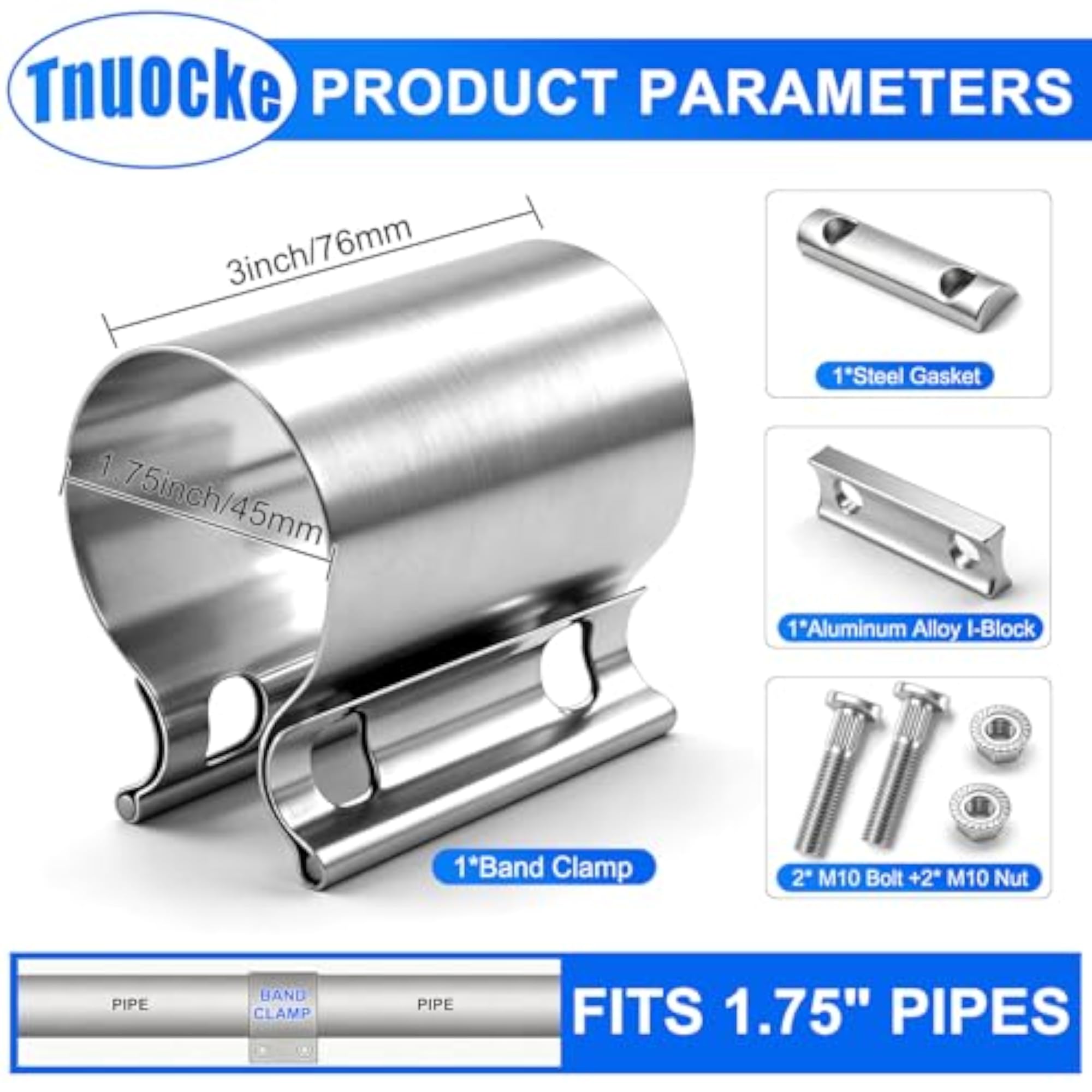 1.75 Inch Exhaust Clamp, Butt Joint Band Clamp Sleeve Coupler