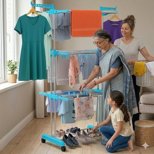 Image of H Houseware Foldable Cloth Drying Stand Stainless Steel 3 Tier Heavy-Duty Clothes Dryer for Balcony Indoor & Outdoor Use with Wheels & Hanger Slots Rust-Proof (Blue) 121.9 x 68.6 x 167.6 Cm