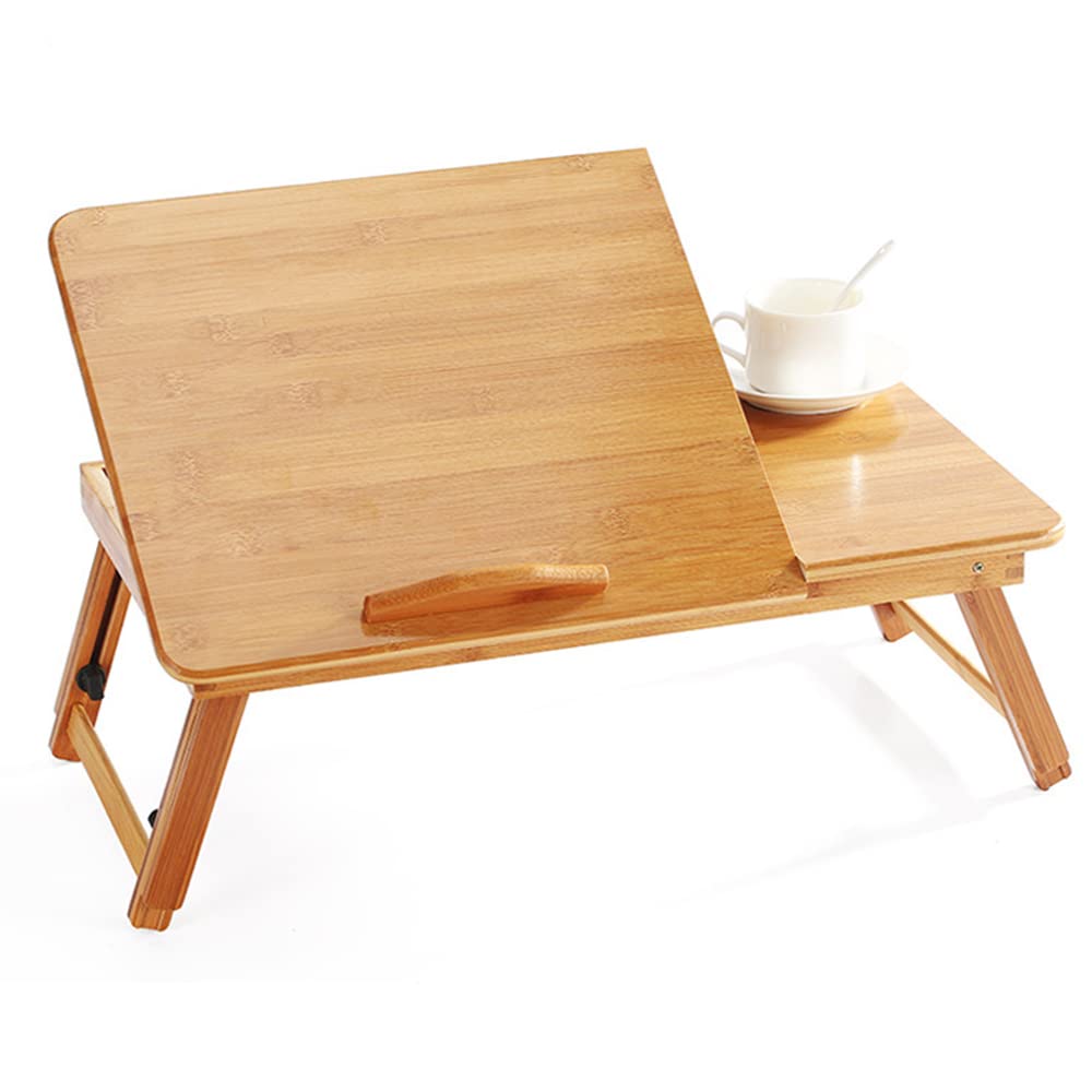 Supfine Table de Lit Pliante en Bambou, Plateau Réglable pour Ordinateur Portable, Plateau de Lit pour Petit Déjeuner avec Tiroir, Trous de Refroidissement (Boisée)