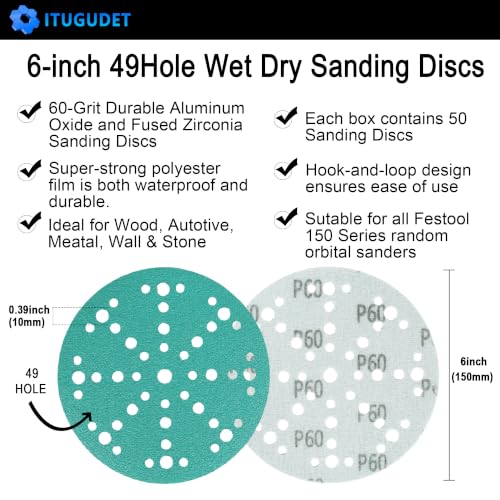 Image of 6 Inch 49 Hole Wet Dry P60 Grit Sanding Discs - 50 Pack Box | Fits Festool ETS / RO 150 Sanders, Zirconia Heavy-Duty Hook & Loop Film Sandpaper for Wood, Auto, Metal, Paint, Body & More