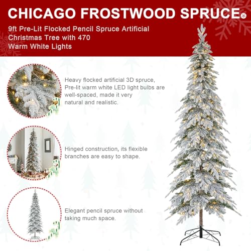 Glitzhome-9ft-Pre-Lit-Flocked-Pencil-Spruce-Artificial-Christmas-Tree-with-470-Warm-White-Lights-and-Sturdy-Metal-Stand-for-Home-Office-Party-Decoration Glitzhome 9ft Pre Lit Flocked Pencil Spruce Artificial Christmas Tree with 470 Warm White Lights and Sturdy Metal Stand for Home Office Party Decoration
