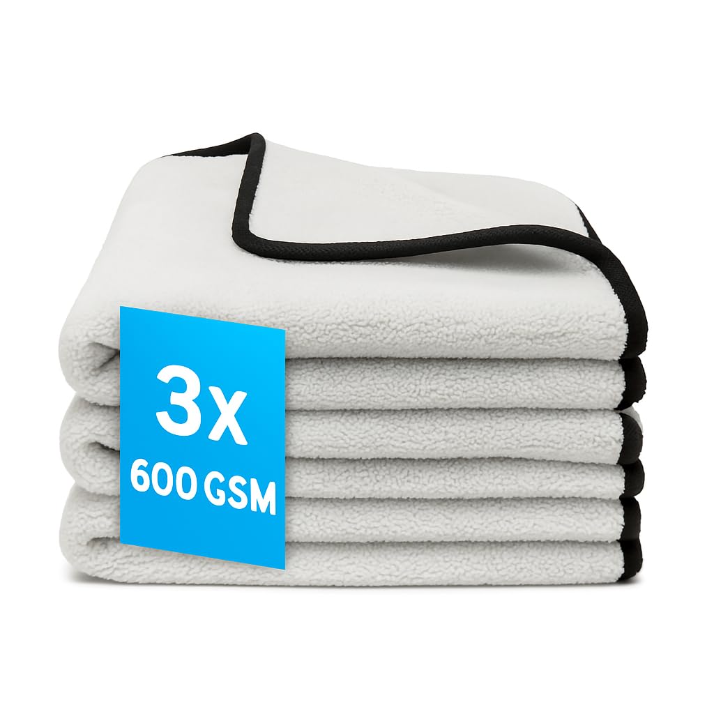 Kemes Car Drying Towel Premium Microfibre Polishing Cloths, Set of 3, Grey with Black Edging, Streak-Free for Car Care, 30 x 30 cm, 600 GSM