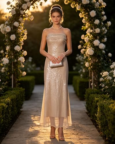 Image of BOLLEY JOSS Women's Sequins Midi Dress Sexy Back Slit Spaghetti Strap Bodycon Long Dress Summer Sparkly Party Dresses