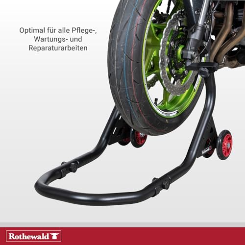 Rothewald Front-Motorradheber aus Stahl, Universal-Pinadapter, bis 300 kg, Hohe Stabilität & Standfestigkeit, Montageständer, mit Doppelrollen, Leichtes Aufbocken