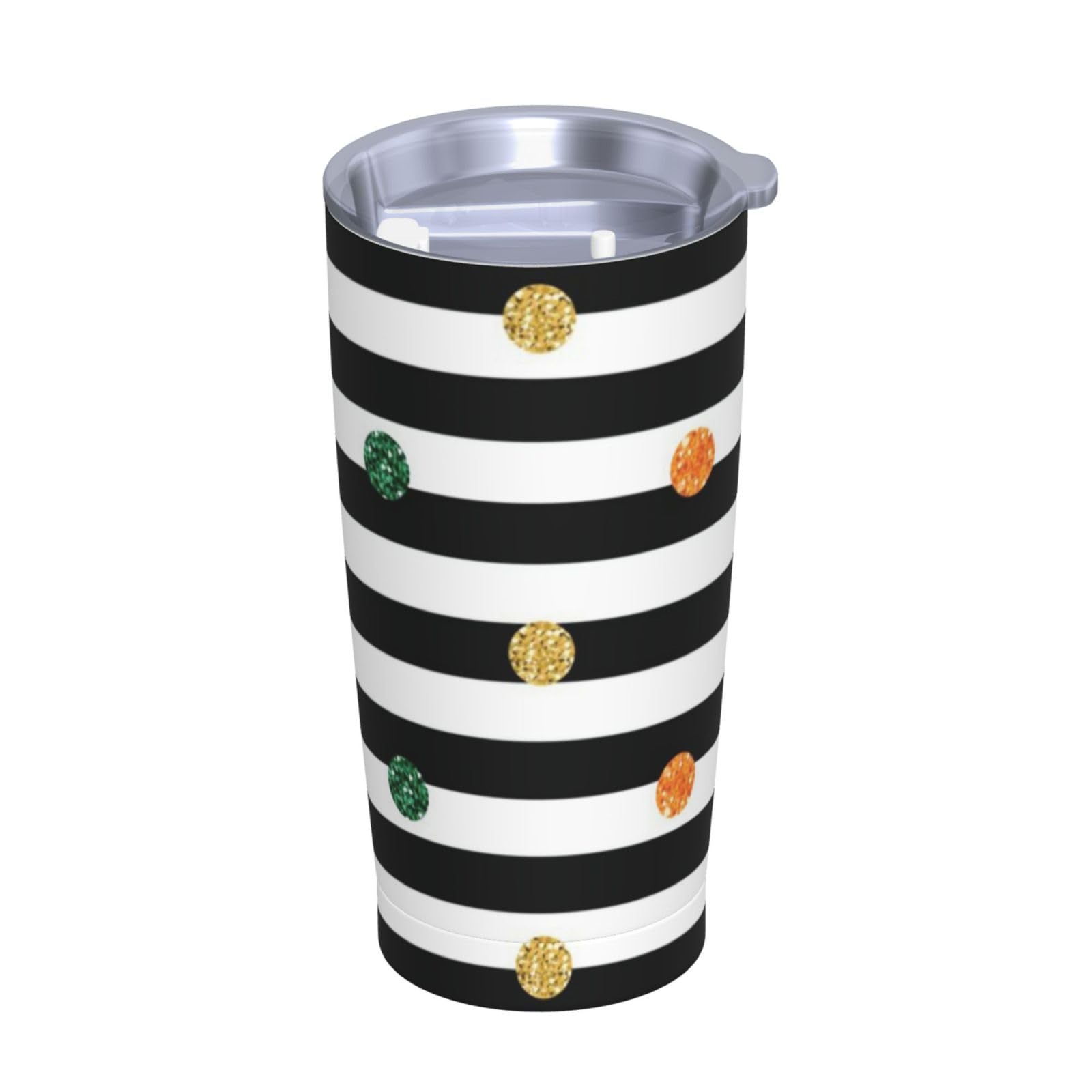 Tazza termica portatile in acciaio inox con stampa a pois arcobaleno glitterata in bianco e nero