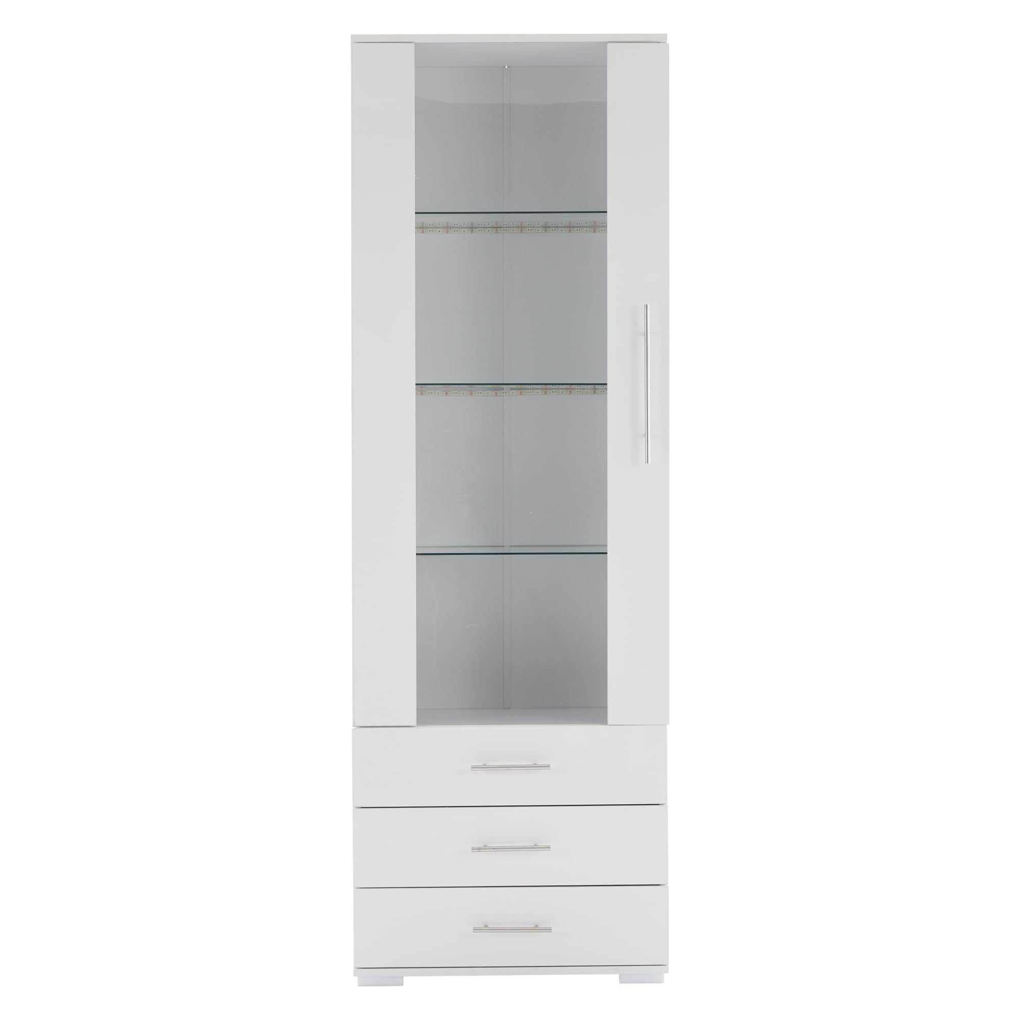 Vetrina in vetro bianco lucido, vetrina con illuminazione a LED, vetrina verticale con 3 cassetti, 60 x 35 x 180 cm