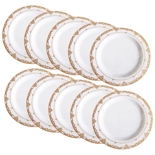Hoement 10個 使い捨てパーティープレート 白色金色花辺装飾付き 丸型デザート皿 ケーキや前菜に おしゃれで実用的なプラスチック製宴会用