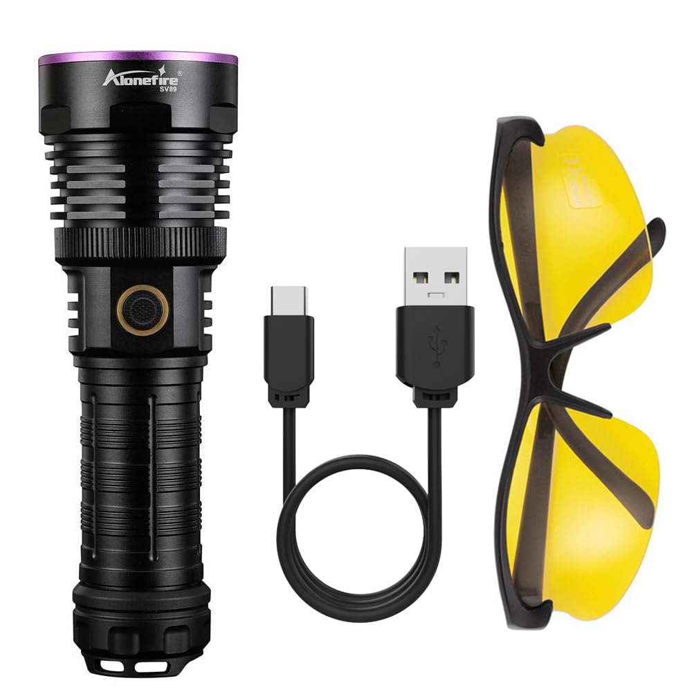 Alonefire SV89 20W Lampe Torche UV LED 365nm Rechargeable Lampe Ultraviolet Lumiere Noire Détecteur D'urine pour Resine, Pêche, Scorpion, Minéraux, Ambre avec Lunettes de Protection UV, Batterie