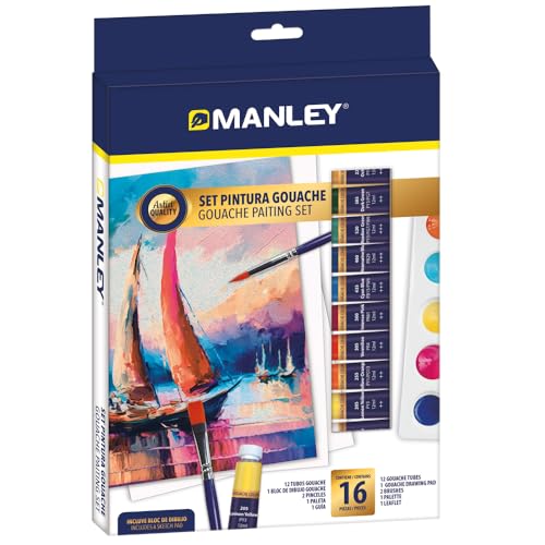 Manley Set Pintura Gouache 16 piezas| Ideal para artistas principiantes | Pintura Gouache calidad artística | Colores intesos y fáciles de mezclar.