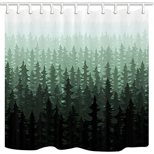 NYMB Nature Forest Landscape Decor, Watercolor Pine Trees Shower Curtains for Bathroom, Polyester Fabric Waterproof Bath Curtain, 69X70in, Shower Curtain Hooks Included,Dark Green