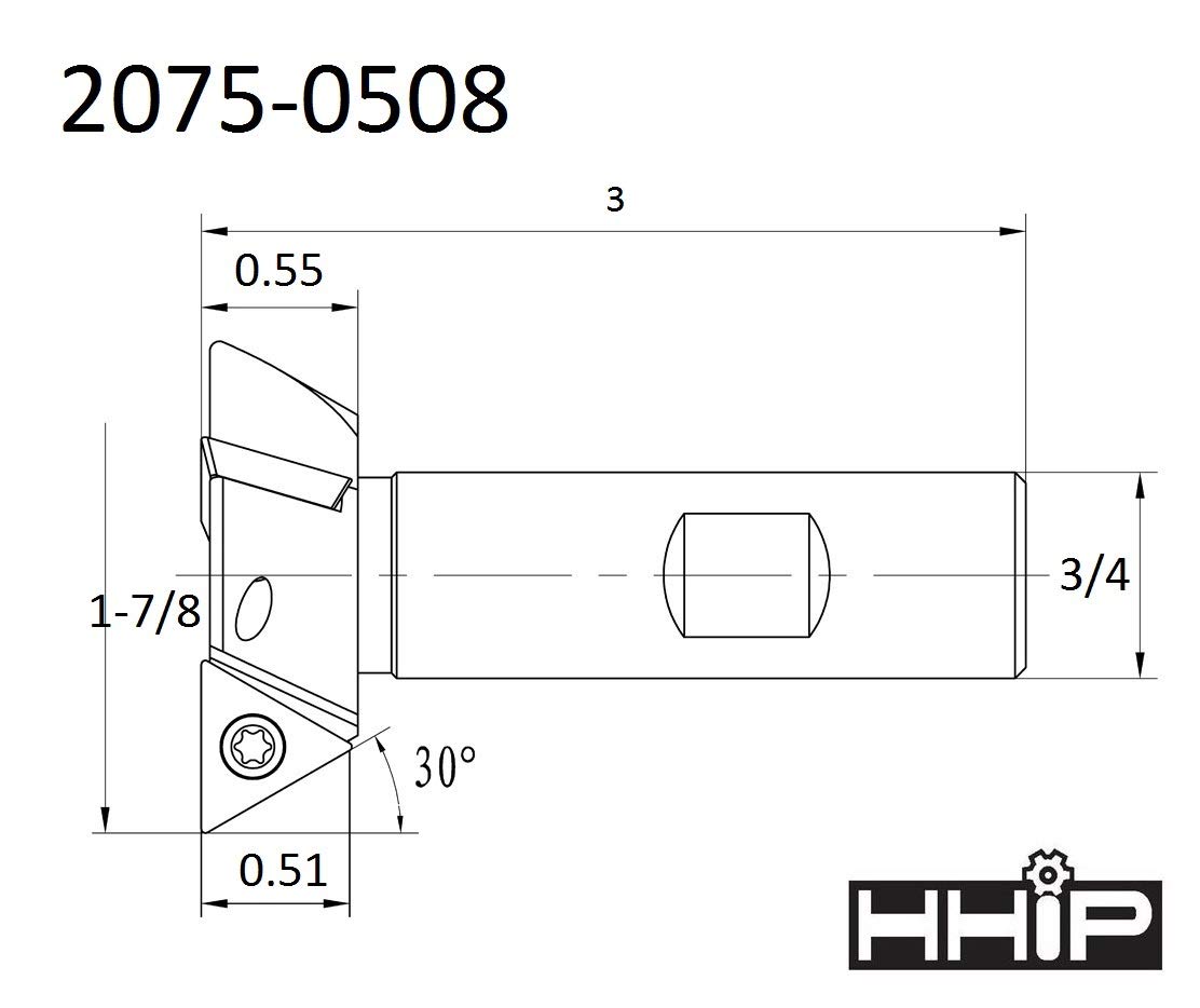 HHIP 2075-0508 60 stopni indeksowalny frez do ogonów, 3 flety, średnica cięcia 1-7/8", trzonek 3/4", 2,95" OAL, średnica cięcia 1-7/8"