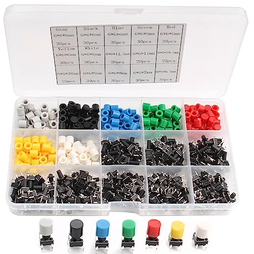 RUNCCI-YUN 480 Piezas 8 Valores Interruptor de Botón Táctil Micro Kit de Surtido de Tacto Momentáneo Micro Interruptor, Botón pulsador táctil Utilizado para PCB,con tapa de Botón