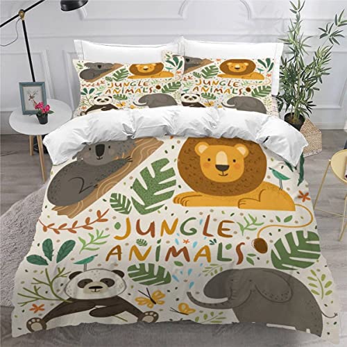 Aolity Housse de Couette 140x200cm Enfant Parure de Lit Panda Lion, Animaux De La Jungle Housse Couette Ado Garçon Fille 1 Personne,2 Taies d'Oreillers...