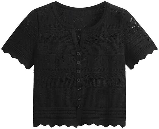 ICW Women Acrylic Slim Fit Knit-Rib Acrylic Crochet Hollow Out Button-Up Crop Top T-Shirt,Black,Small