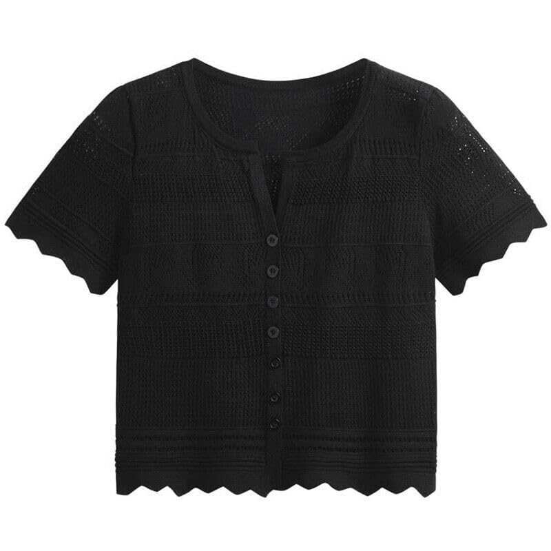 ICW Women Acrylic Slim Fit Knit-Rib Acrylic Crochet Hollow Out Button-Up Crop Top T-Shirt,Black,Small