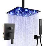 SKOWLL Ceiling Mounted Shower System Set, Matte Black 12 Inch Rain Shower Head with LED Lights, Bathroom Shower Faucet Set with Handheld Rough-in Valve Included