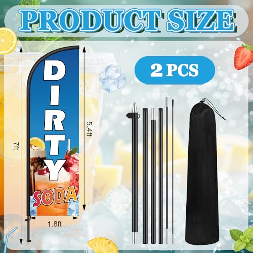 Image of Remagr 2 Pack Dirty Soda Feather Flag 7 ft Advertising Swooper Flag Sign Windless Dirty Soda Banner with Pole Kit and Ground Stake for Businesses Storefronts Retailers Shops Food Trucks Events