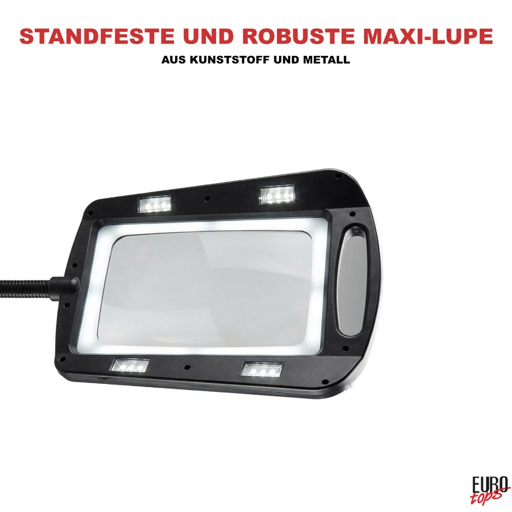 EUROtops Lupa LED maxi con soporte, aumento de 3 veces, campo de visión XXL, ayuda de lectura flexible con iluminación LED, altura ajustable hasta 160 cm, ideal para lectura y manualidades
