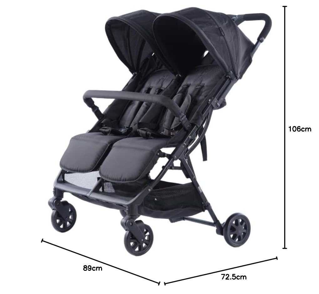 Novi Baby® Foss Go Duo, Zwillingsbuggy von Geburt an bis 15 kg (ca. 3 Jahre), extra großer Korb, leicht und klein faltbar, 5-Punkt-Sicherheitsgurt