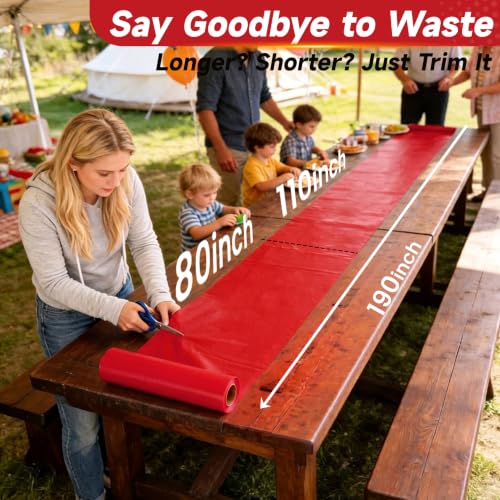 Image of Plastic Table Cloth Disposable, Tear Off 110 Ft X 54 In Plastic Table Cover Roll Premium Red Plastic Tablecloth Tear Off 12 Pcs 54 inchx110 inch, Table Cloth Roll for Party, Holiday, Themed Gathering, Buffet
