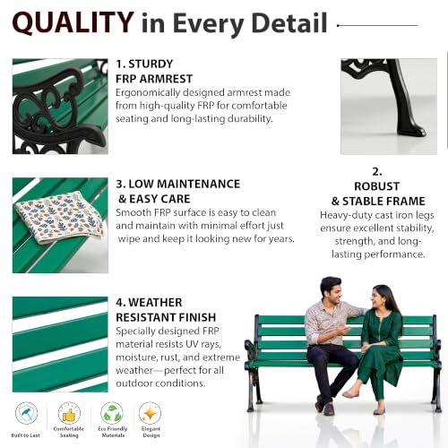 Image of BRISHI 3 Seater Cast Iron FRP Garden Bench for Indoor & Outdoor Park /Patio /Living Room /Terrace /Balcony (Black + Green)