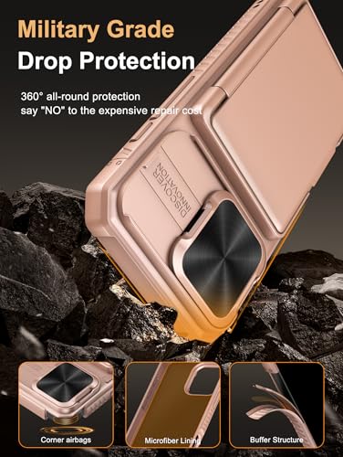 Image of Vihibii for iPhone 16 Pro Case Wallet with Card Holder (4 Cards) [RFID Blocking] & Slide Camera Cover, Military Grade Drop Protection, Rugged Back & Silicone Edge Phone Cover, 6.3 inch 2024, Rose Gold