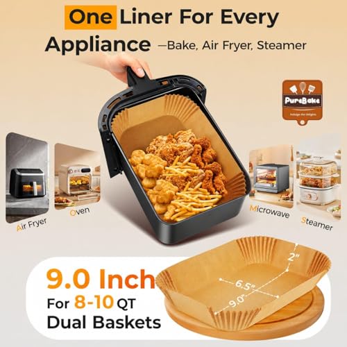 Image of Purebake Air Fryer Disposable Paper Liners | 100 Pcs Rectangle Parchment Sheets | Food-Grade, Non-Stick, Oilproof, Waterproof | Heat-Resistant up to 450F | Brush & Mittens Included