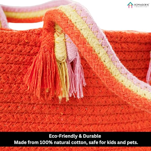 Image of HOMADORN Cotton Storage Basket with Sturdy Handles - Foldable, Durable, and Stylish Organizer for Toys, Clothes,Gifting and Home Essentials (ORANGE)
