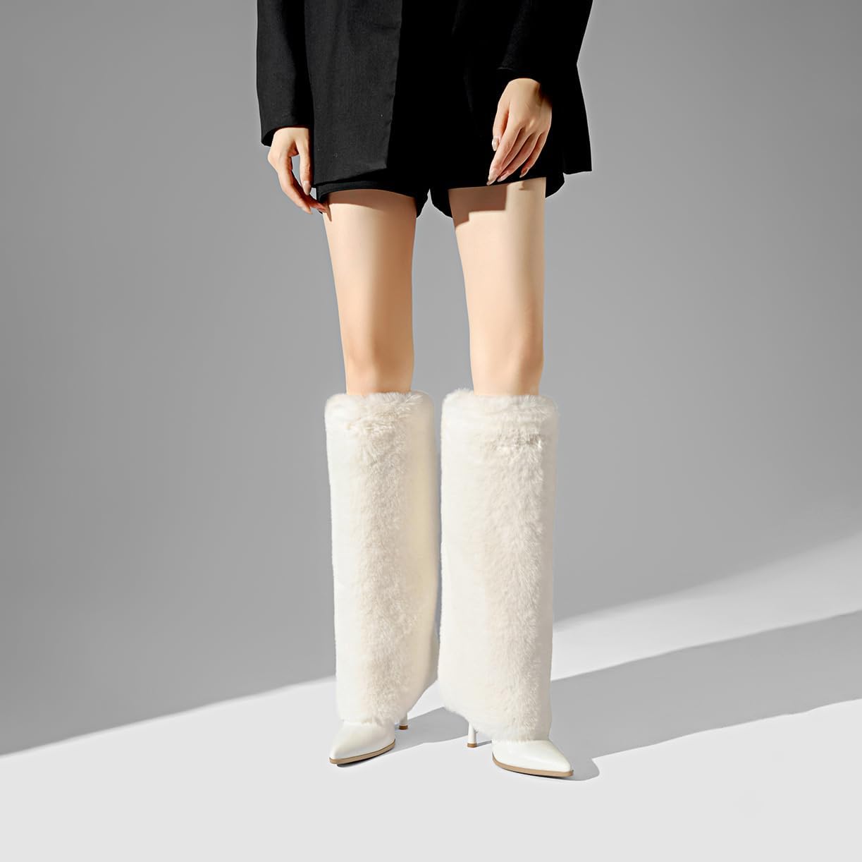 Tsrenlmln Faux Fur Boots Furry Fur Boots Winter Warm Plush Surface high heel Shoes