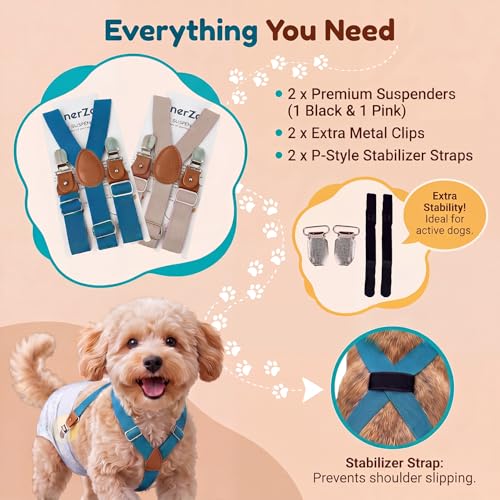 Image of 2 Pieces Dog Diaper Suspenders, for Dog Diaper Female and Belly Band for Male (X-Small /Small, Blue&Beige)