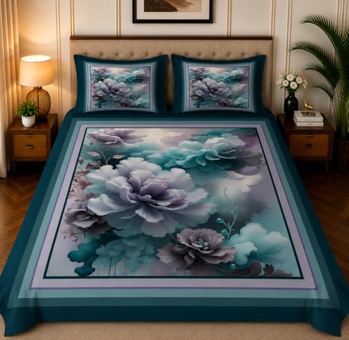 Image of 7D Digital Printed King Size Bedsheet with 2 Pillow Covers | Soft Premium Cotton Feel Microfiber Double Bed Bedsheet |Breathable,Wrinkle Free & Fade Resistant|(BlueFloral, KingSize-225x250CM)