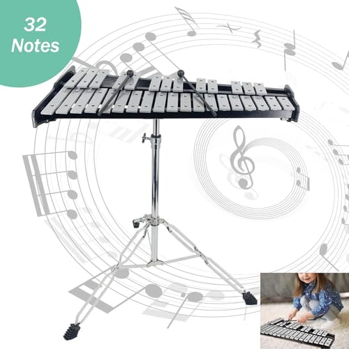 Image of 32 Note Percussion Glockenspiel Bell Kit, Percussion Xylophone with 2 Mallets, Adjustable Glockenspiel Stand, Carring Bag, Xylophone Instrument