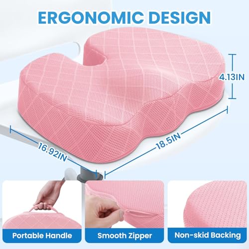 Image of TushGuard Office /Car Seat Cushion, Non-Slip Sciatica & Back Coccyx Tailbone Pain Relief Chair Pad, Memory Foam Butt Pillow for Computer Desk, Wheelchair, Driving (Pink, XX-Large)