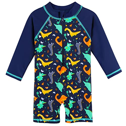 Image of HUAANIUE Toddler Boy Swimsuit Rashguard One-Piece Swimwear 0-6 Years | UPF 50+ sun protection, front zipper with chin guard, 4-way stretch quick-dry fabric, flatlock seams anti-chafing