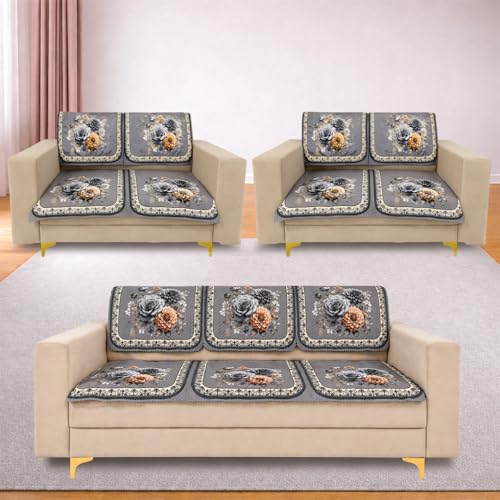 Image of Homerz 'Brooklyn Series' Premium Sofa Cover | Quilted Floral Design | Non-Slip Washable Sofa Protector | Soft Anti Slip Fabric (Grey, 7 (3+2+2) Seater, Seat Cover with Backrest)