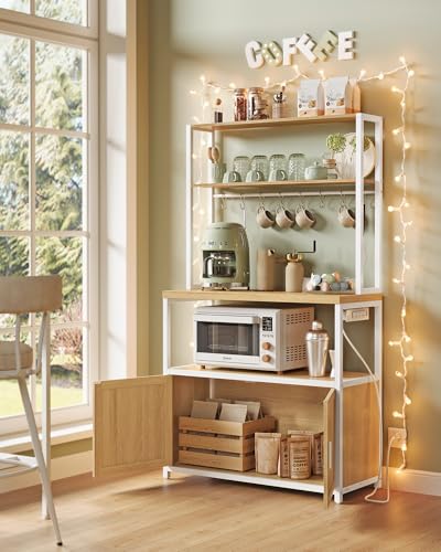 Image of VASAGLE Kitchen Bakers Rack with Power Outlet, Coffee Bar with 35.4-Inch High Worktop, Microwave Stand with 8 Hooks, 15.7 x 31.5 x 66.9 Inches, Golden Oak and Cloud White UKKS059Y01