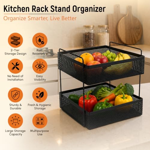 Image of JD FRESH 2 Tier Metal Square Kitchen Stand Organizer /Countertop Large Capacity Storage Rack /Space Saving Design /Modern Ventilation Design for Spices,Fruits or Vegetables /Bathroom Vanity Storage Shelf