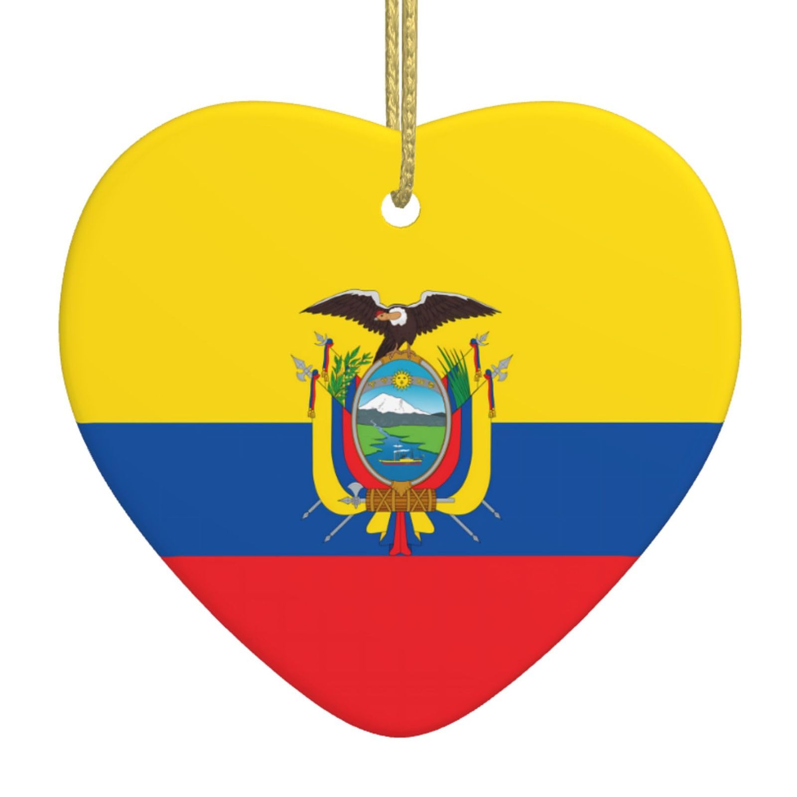 Flag of Ecuador Ceramic Christmas Heart Pendant with Silk Thread, Christmas Tree Home Decoration