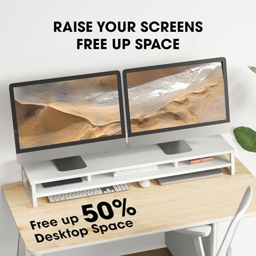 Image of Fenge Dual Monitor Stand for Desk, 42.5in Large Monitor Riser for 2 Monitors, 2 Tier Computer Office Desk Top Shelf, Desktop Storage Stand for Laptop, PC, Computer, Printer