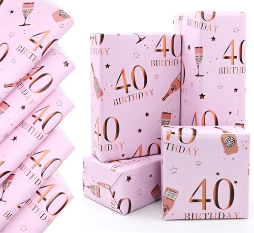 QRTDXP Pink Gift Wrapping Paper Sheets for 40th Birthday 5pcs 50 * 70cm Large Birthday Paper Pink Eco-friendly Gift Wrap Perfect for Wrapping Present or Flower for Girls Woman