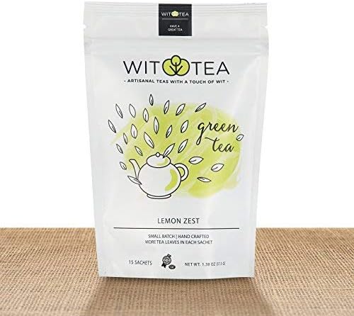 Artisanal Small Batch 15 Green Tea Bags - Lemon Zest - Premium Unblended Green Tea Leaves in Hand Crafted Biodegradable Silk Pyramid Sachets - 15 tea sachets - by WitTea