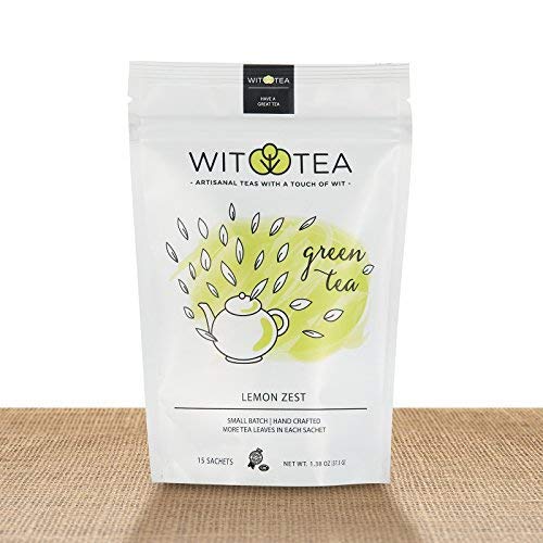 Artisanal Small Batch 15 Green Tea Bags - Lemon Zest - Premium Unblended Green Tea Leaves in Hand Crafted Biodegradable Silk Pyramid Sachets - 15 tea sachets - by WitTea