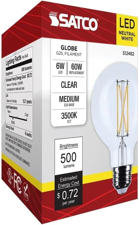 Satco 6W LED G25 Globe Light Bulb 3500K Neutral White 500 Lumens Clear Finish E26 Medium Base Dimmable 300 Degree Beam Enclosed Fixture Rated Wet Location 120V S12482 (6 Pack)