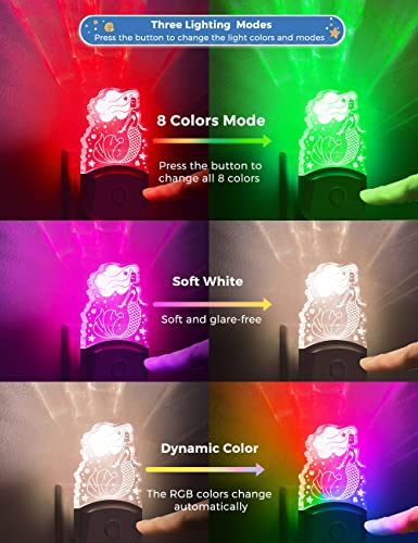 Lohas Mermaid Night Light For Girls, Kids Plug Into Wall Lights, 8-Color Changing, Dusk To Dawn Sensor Plug In Led Nightlight, 3 Lighting Modes, Rgb+Soft White 3000K Ideal For Kids Room, Bedroom Decor #TOP2