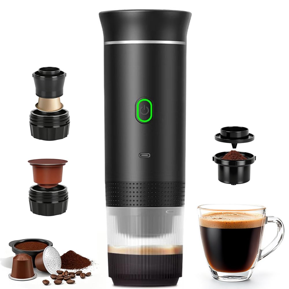 Macchina da caffè portatile, 3 in 1, a batteria, con USB, per campeggio, auto, viaggi, mini macchina da caffè compatibile con capsule e caffè macinato