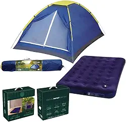 Barraca de Camping Iglú para 4 Pessoas + Colchão Inflável Casal com Inflador Acoplado – Resistente, Portátil e Fácil de Montar