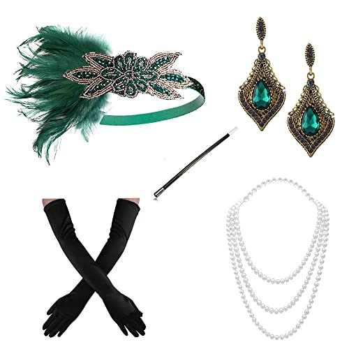 1920s Flapper Gatsby Costume Accessories Set 20s Flapper Headband Pearl Necklace Gloves Cigarette Holder (bn)
